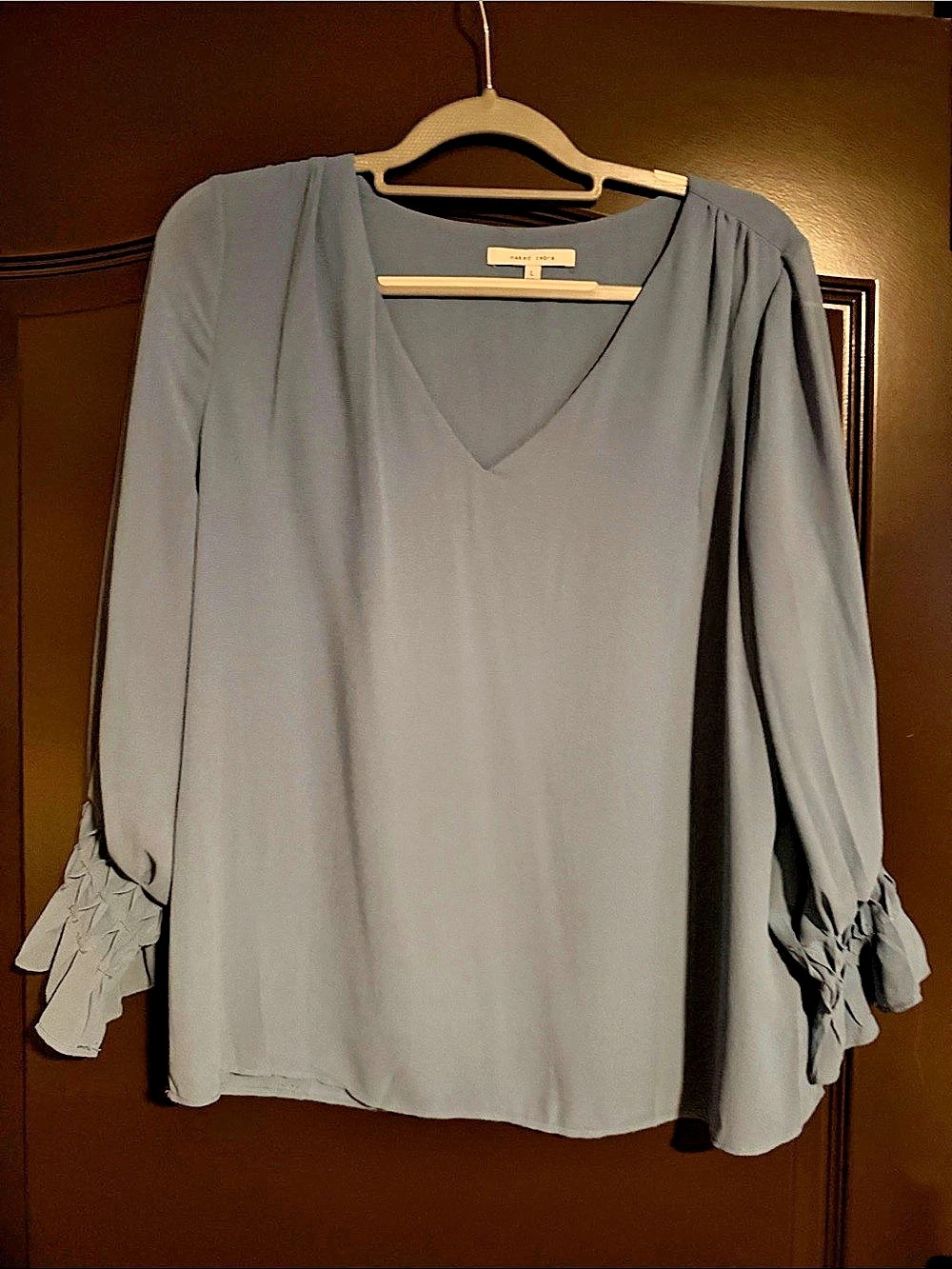 naked zebra V-Neck Blouse with Pleated Sleeve Detail Light Blue Large